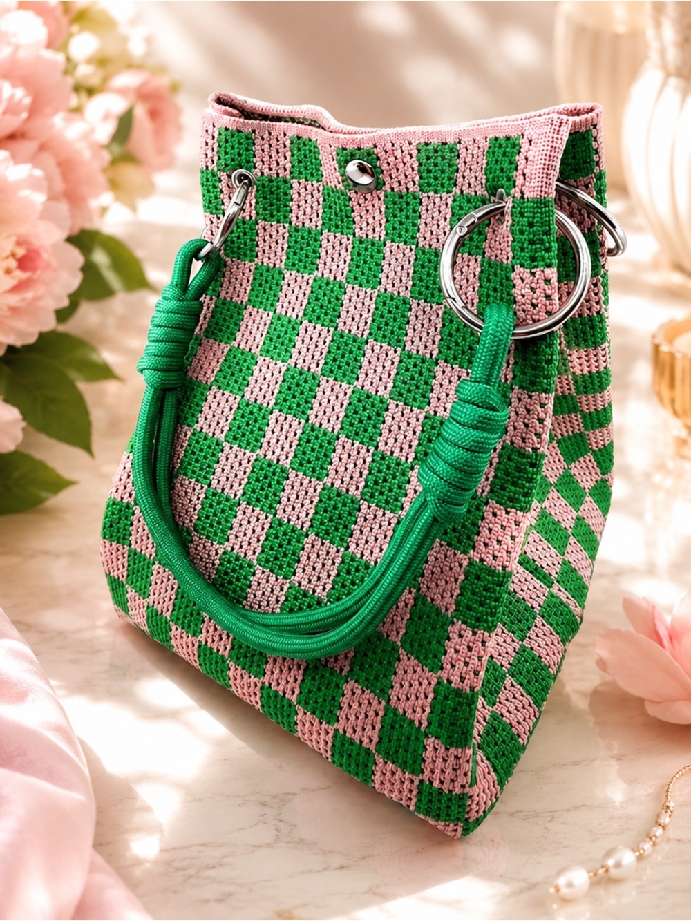 Pink & Green Checker Crochet Tote Bag - Women Bags